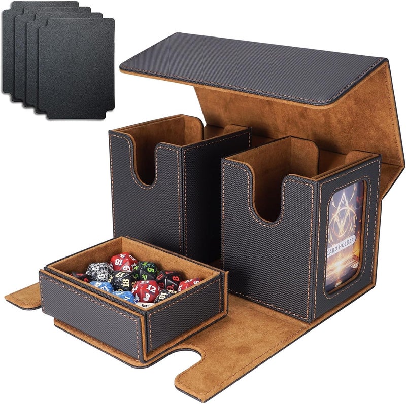 AFIING MTG Commander Deck Box 200 Double Sleeved Cards Storage, 3-in-1 Magnetic Card Case Organizer for Magic: The Gathering TCG CCG, 4 Dividers & 2 Toploaders (Black/Gold) - Image 1